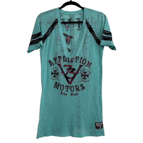 Affliction Live Fast 13 Short Sleeve Long Tee Women L T-Shirt Lace Semi-Sheer - Picture 1 of 15